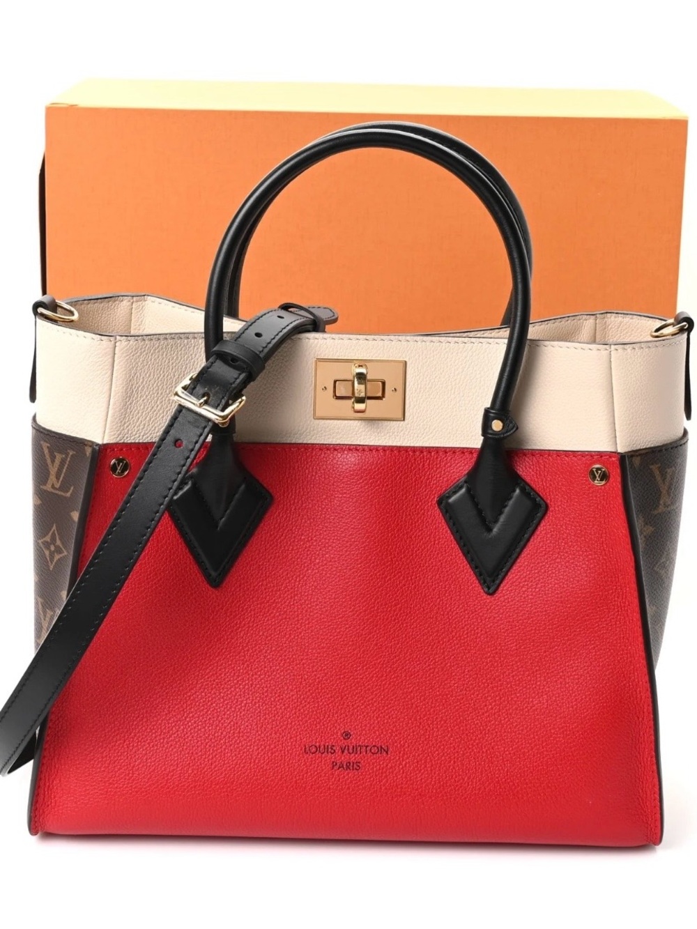 Louis Vuitton Red, Cream & Black Leather Satchel with Monogram Sides
